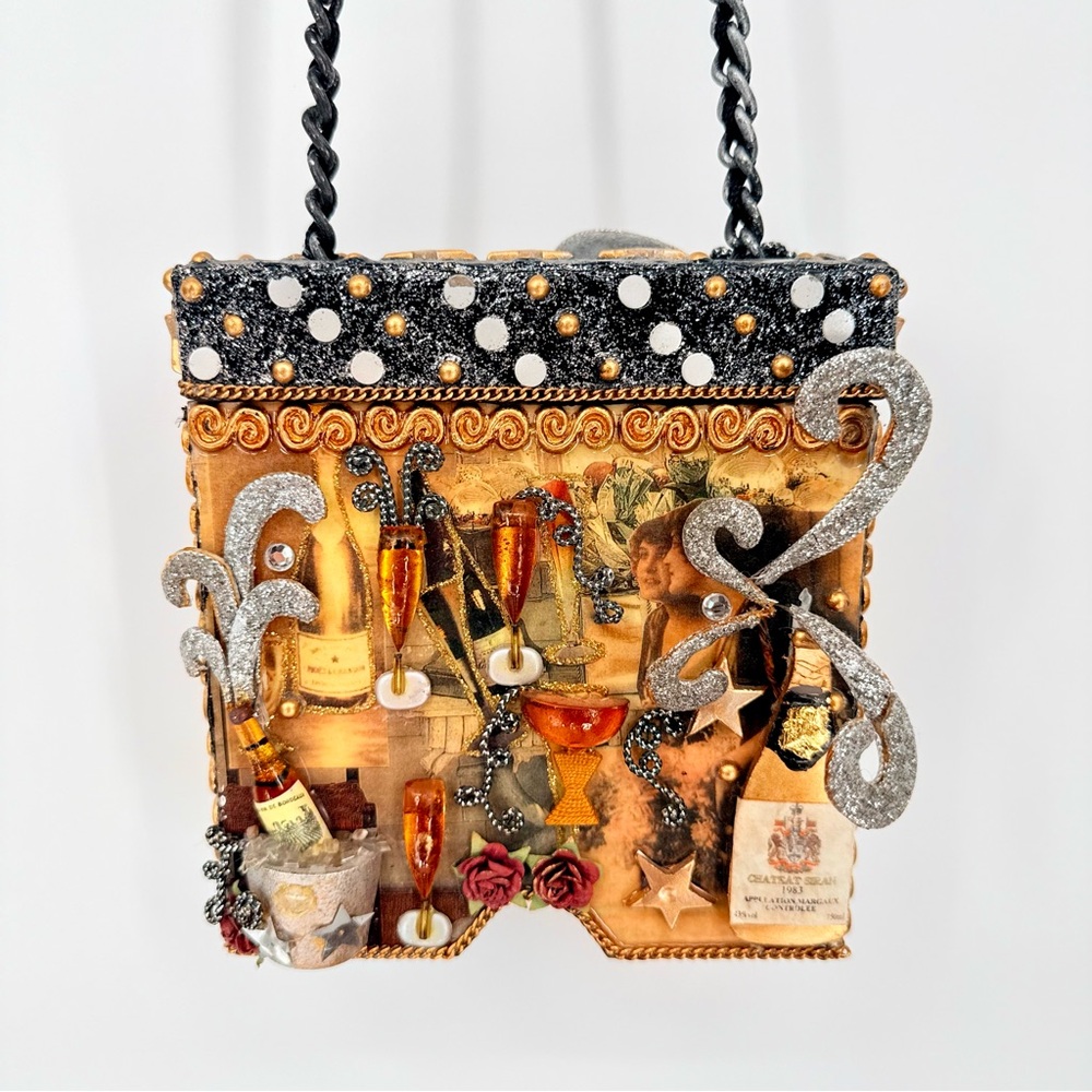Mary Frances Rare 1990s "Champagne Celebration" Early Archive Box Bag 3D Art VTG